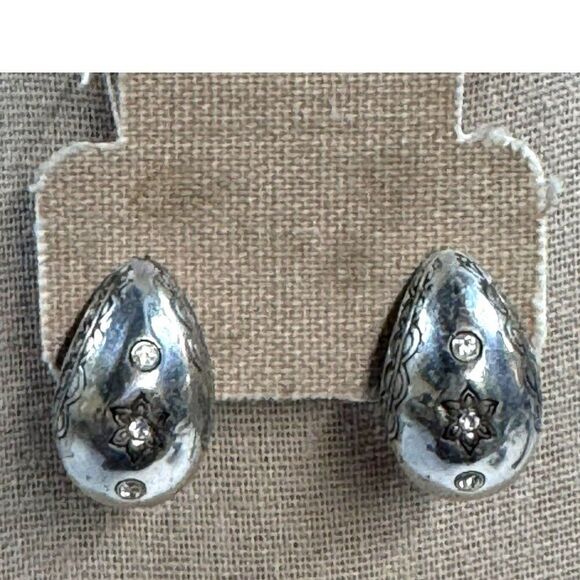Retired Brighton Silver Teardrop Clip-On Earrings Floral Swarovski Crystal Star - Picture 1 of 5